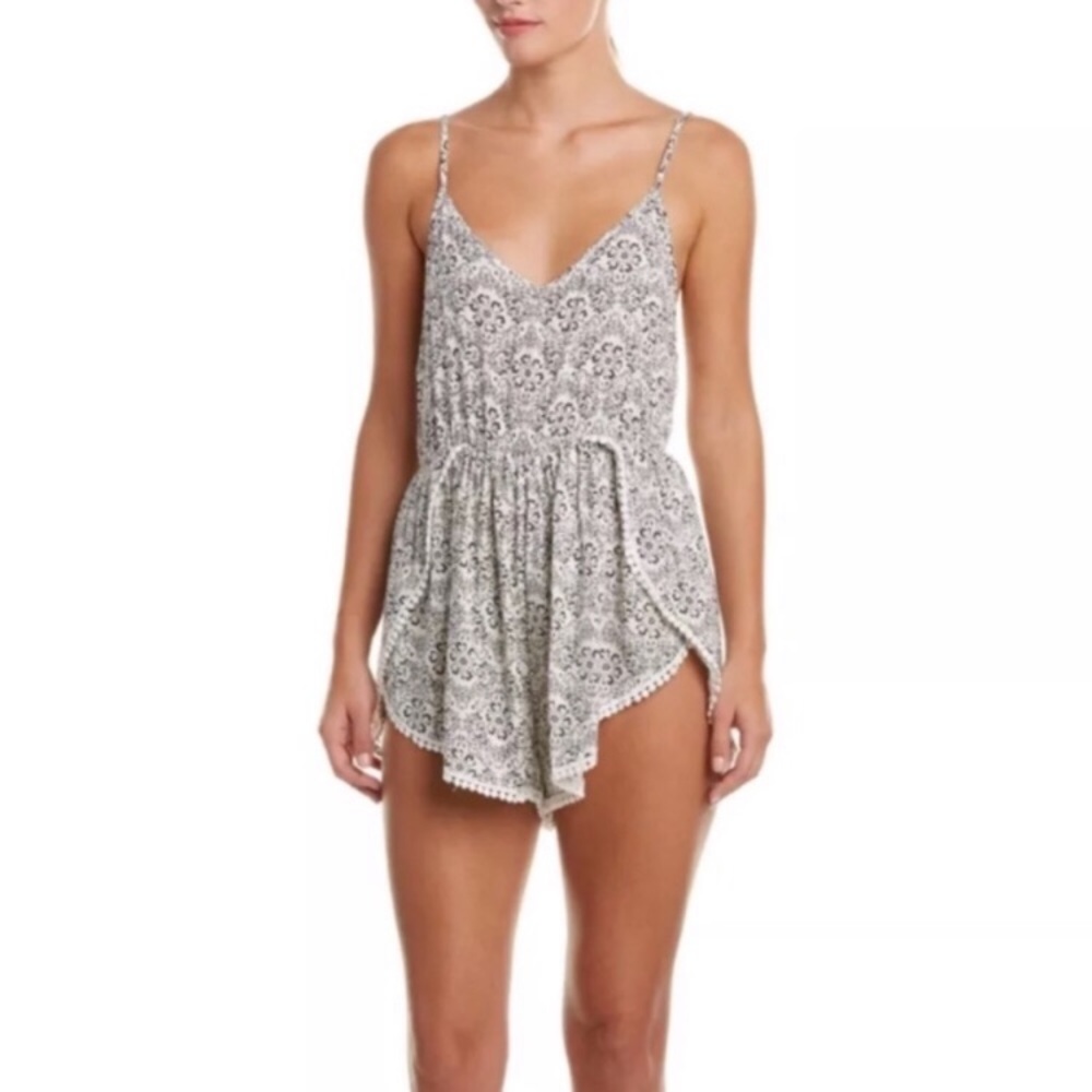 RAGA Revolve Floral Black White Pom Pom Romper